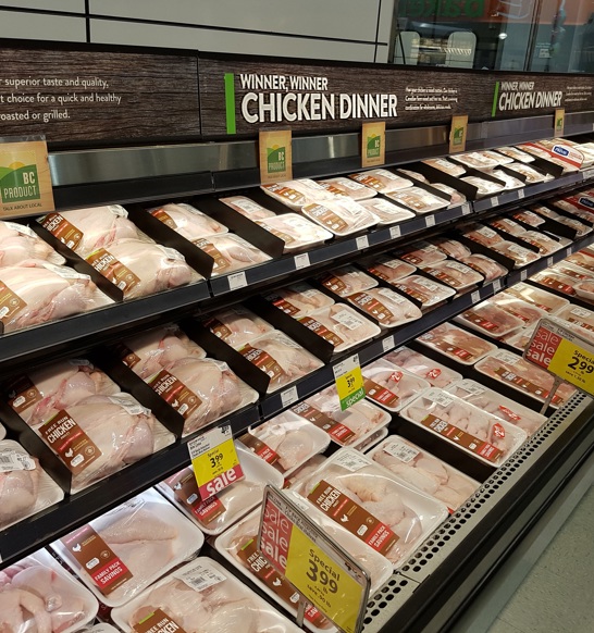 Chicken poultry meat shelves in Canadian supermarket