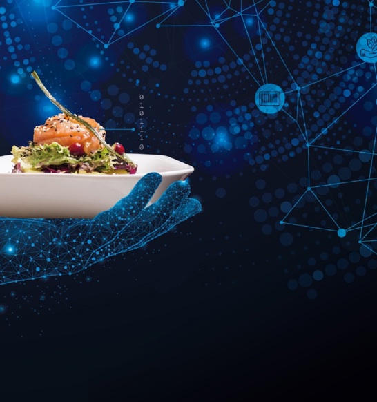 Digital hand holding bowl of salmon